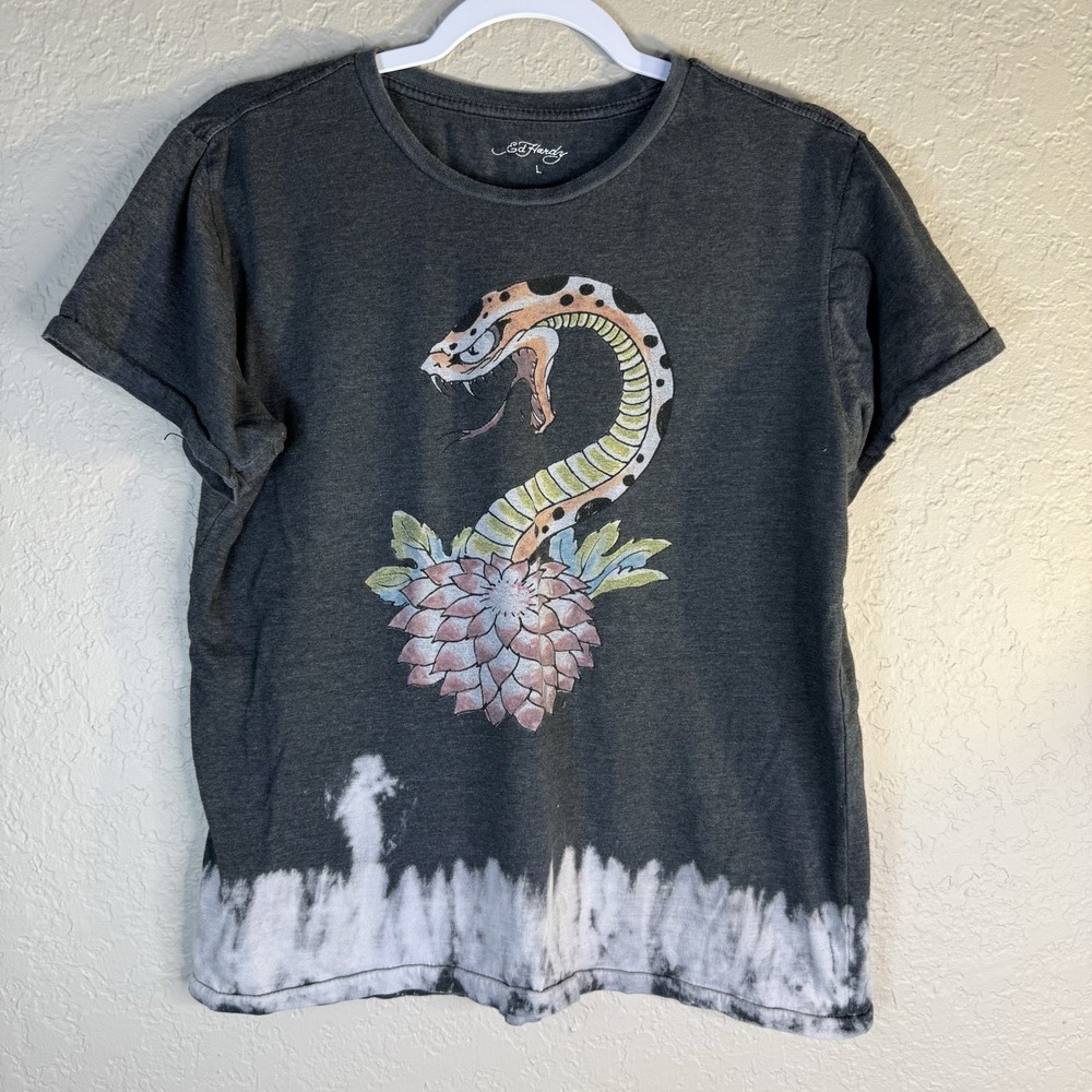 Women's Ed Hardy Vintage Style T-shirt Tattoo Black Lotus Snake Large